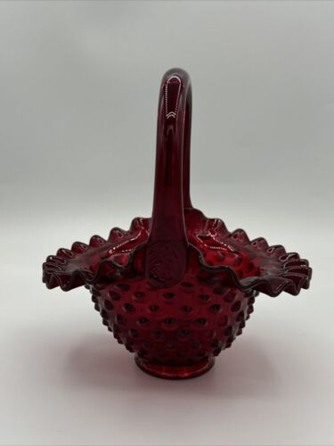 Vintage Fenton Hobnail Ruby Red Amberina Glass Basket 7.5" Tall