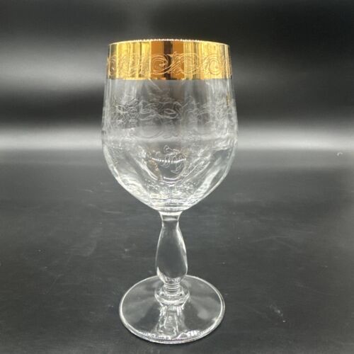 Rare Vtg Italy Needle Etched Gold Rim Crystal Wine Glasses Hand crafted Set Of 4