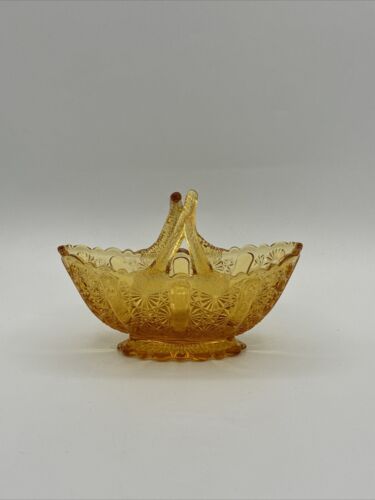 Vintage Fenton amber Glass split handle Basket Button & Daisy