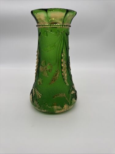 Antique EAPG Green Delaware Vase w Gilt Thistles