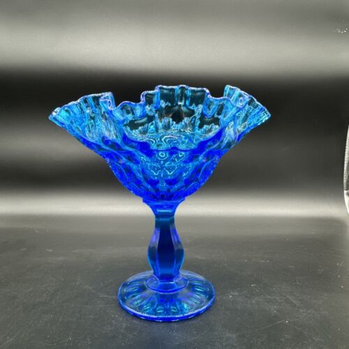 FENTON Aqua Blue Thumbprint Ruffled Rim Footed Art Glass Candy Dish VTG