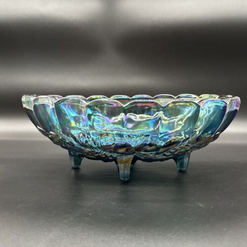 Vintage Blue Carnival Glass Iridescent Finish Large Footed Oval Fruit Bowl