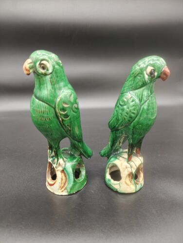 Antique Chinese Green Glazed Parrots Pair