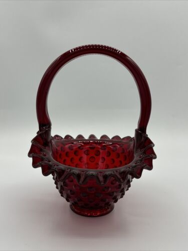 Vintage Fenton Hobnail Ruby Red Amberina Glass Basket 7.5" Tall