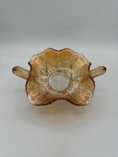 Vintage Iridescent Ruffled Marigold Carnival Glass Bowl with Handles