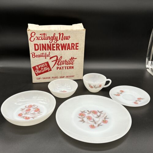 IOB 5 Piece Fire King Fleurette Milk Glass Dinnerware Set 1950s Vintage