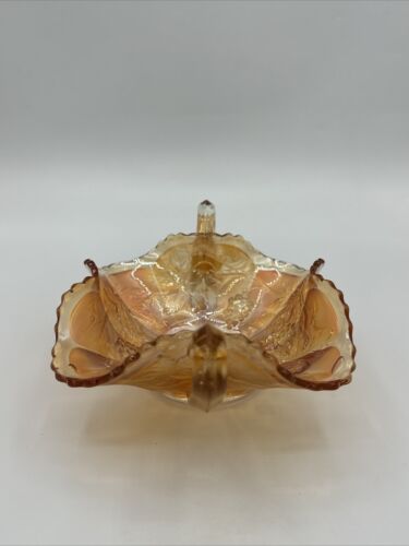 Vintage Iridescent Ruffled Marigold Carnival Glass Bowl with Handles