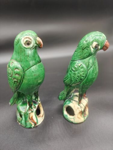 Antique Chinese Green Glazed Parrots Pair