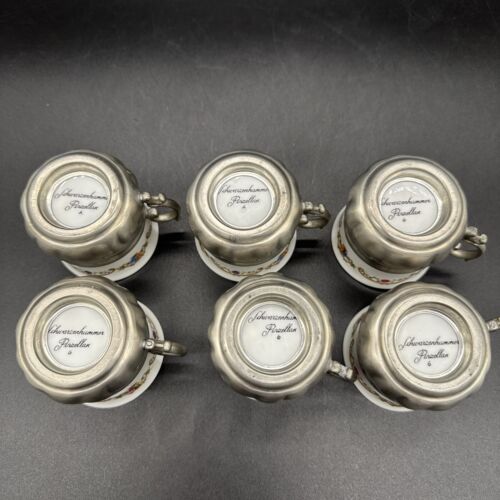 Vtg Schwarzenhammer Porcelain Demitasse Mocha Cups W Quist Pewter Tray- Set Of 6