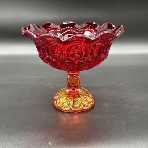 L E Smith Moon and Stars Flared Amberina Red and Amber Compote Bowl With Cadmium