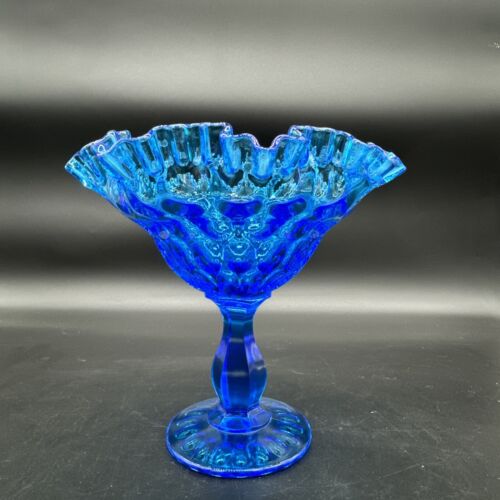 FENTON Aqua Blue Thumbprint Ruffled Rim Footed Art Glass Candy Dish VTG