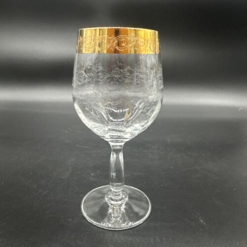 Rare Vtg Italy Needle Etched Gold Rim Crystal Wine Glasses Hand crafted Set Of 4