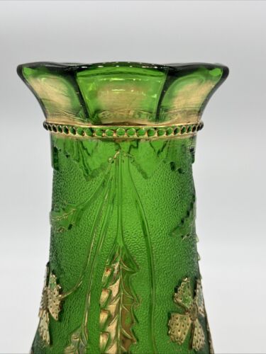 Antique EAPG Green Delaware Vase w Gilt Thistles