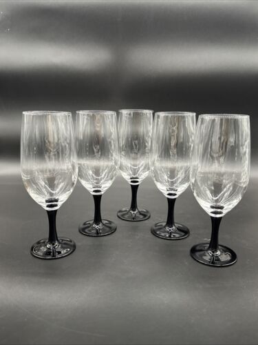 Set of 5 Luminarc Domino Signature Black Stem Water/Wine/Goblet/ Glasses 8- 1/4"