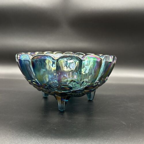 Vintage Blue Carnival Glass Iridescent Finish Large Footed Oval Fruit Bowl