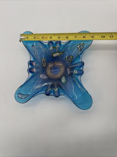 Murano Fratelli Toso Blue Murrine Cased Millifiori Butterfly Cigar Ashtray 9"