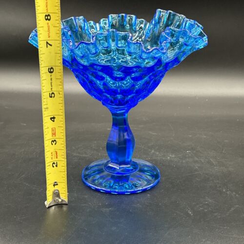 FENTON Aqua Blue Thumbprint Ruffled Rim Footed Art Glass Candy Dish VTG