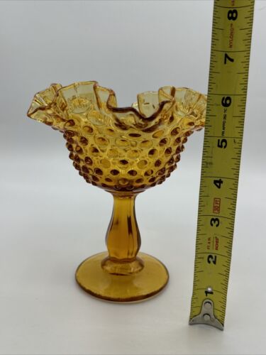 Vintage Fenton Amber Yellow Hobnail Glass Ruffled Pedestal Compote Bowl 5.75”