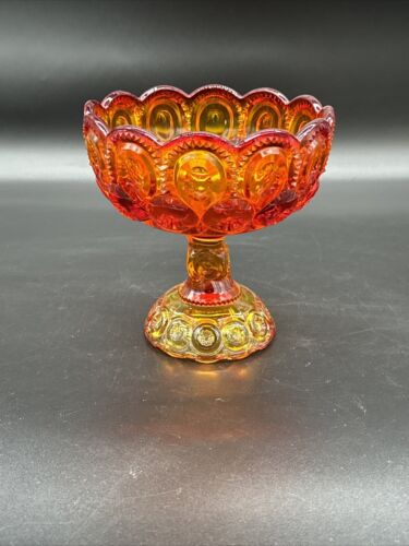 L E SMITH LARGE RED AMBERINA GLASS MOON & STARS COMPOTE 6 5/8" EXCELLENT large