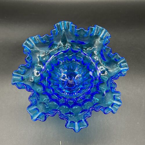 FENTON Aqua Blue Thumbprint Ruffled Rim Footed Art Glass Candy Dish VTG