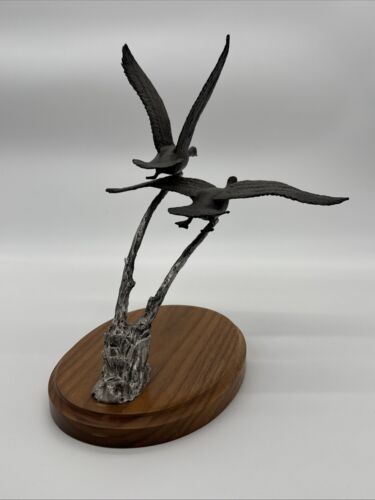 Fountain Creed Productions Geese Taking Off Sculpture, Metal On Wood Base