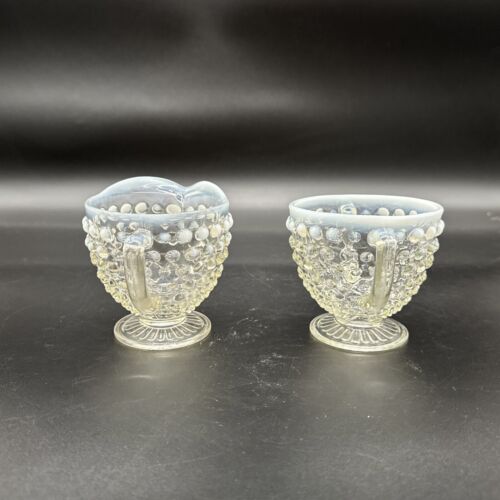 Vintage Anchor Hocking Moonstone Opalescent Hobnail Creamer & Sugar Bowl