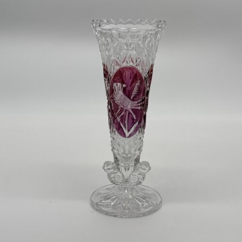 Vintage West Germany Hofbauer Byrdes Lead Crystal Red Bird Vase Clear Glass 7"