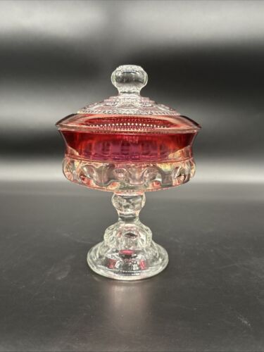 Indiana Glass Kings Crown Ruby Red Band Covered Compote Made in USA 7.25" Tall