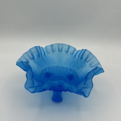 Vtg. Westmoreland Blue Mist Satin Glass Bowl Ruffled Edge Grape Vines 3 Footed