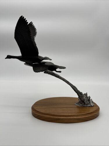 Fountain Creed Productions Geese Taking Off Sculpture, Metal On Wood Base