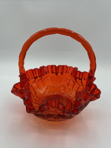 Fenton Amberina Red Orange Ruffled Edge Thumbprint Glass Basket 8" Vintage