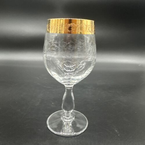 Rare Vtg Italy Needle Etched Gold Rim Crystal Wine Glasses Hand crafted Set Of 4