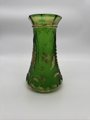 Antique EAPG Green Delaware Vase w Gilt Thistles