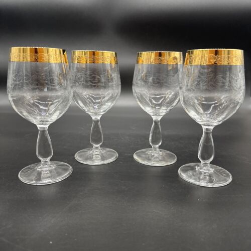 Rare Vtg Italy Needle Etched Gold Rim Crystal Wine Glasses Hand crafted Set Of 4