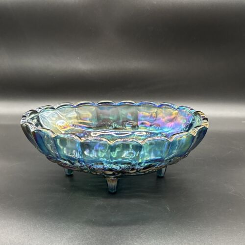 Vintage Blue Carnival Glass Iridescent Finish Large Footed Oval Fruit Bowl