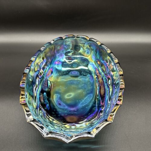 Vintage Blue Carnival Glass Iridescent Finish Large Footed Oval Fruit Bowl