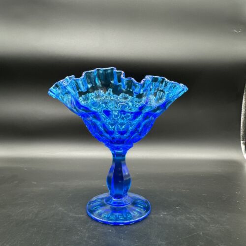 FENTON Aqua Blue Thumbprint Ruffled Rim Footed Art Glass Candy Dish VTG