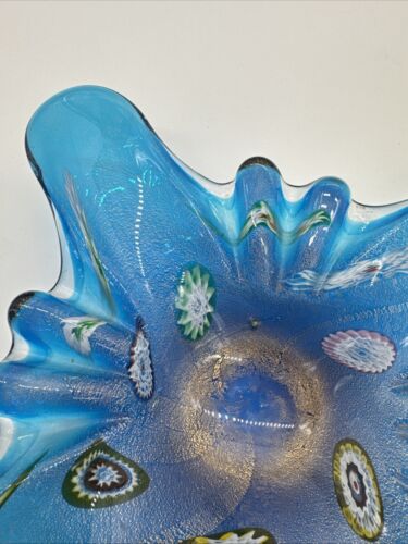 Murano Fratelli Toso Blue Murrine Cased Millifiori Butterfly Cigar Ashtray 9"