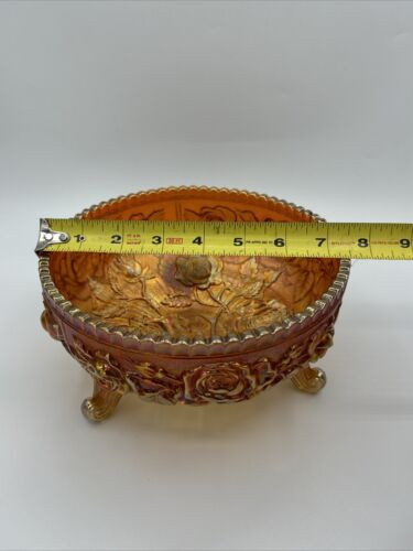 Carnival Glass Iridescent Amber Footed Bowl Floral/Roses