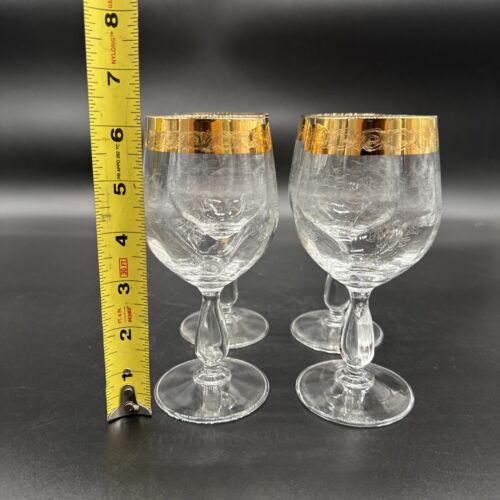 Rare Vtg Italy Needle Etched Gold Rim Crystal Wine Glasses Hand crafted Set Of 4