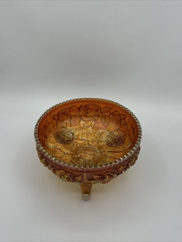 Carnival Glass Iridescent Amber Footed Bowl Floral/Roses