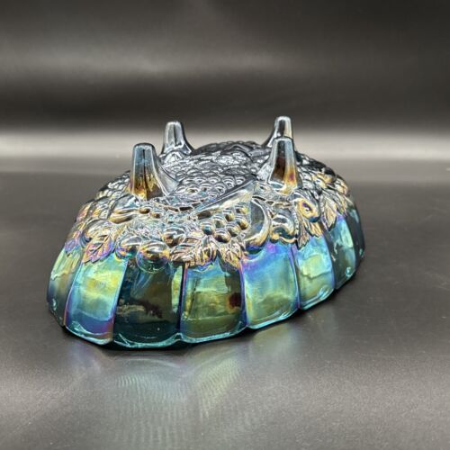 Vintage Blue Carnival Glass Iridescent Finish Large Footed Oval Fruit Bowl