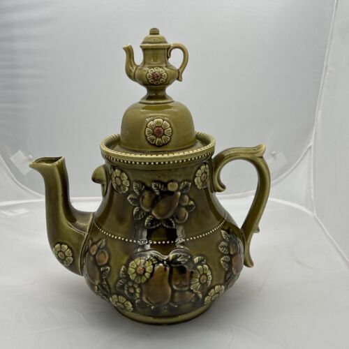 Vintage Large Olive Green Pear Teapot w/ Mini Teapot Finial 12.75" x 10.75" Exc.