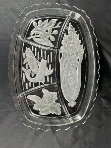 Vintage Tiara Glass Large Rectangular 4-Part Divided Relish Dish Etched/Frost