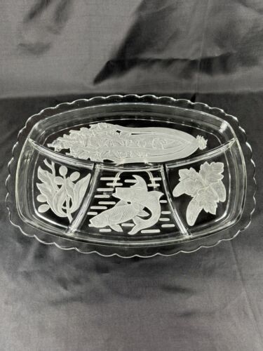 Vintage Tiara Glass Large Rectangular 4-Part Divided Relish Dish Etched/Frost