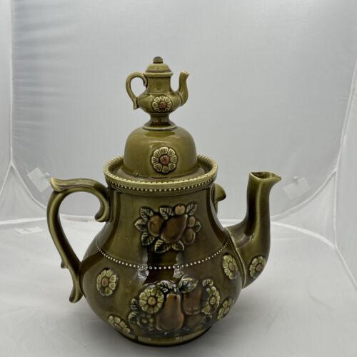 Vintage Large Olive Green Pear Teapot w/ Mini Teapot Finial 12.75" x 10.75" Exc.