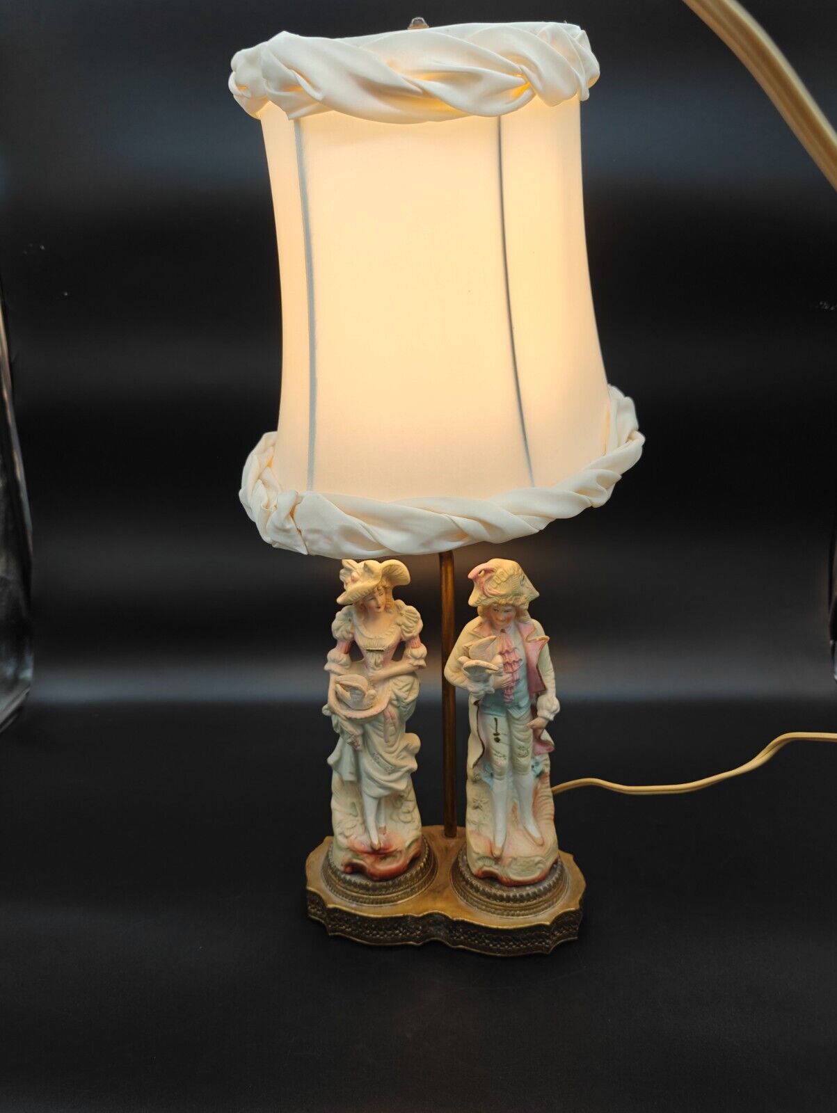 Antique French Provincial Bisque Porcelain Figurine Couple on Table Lamp