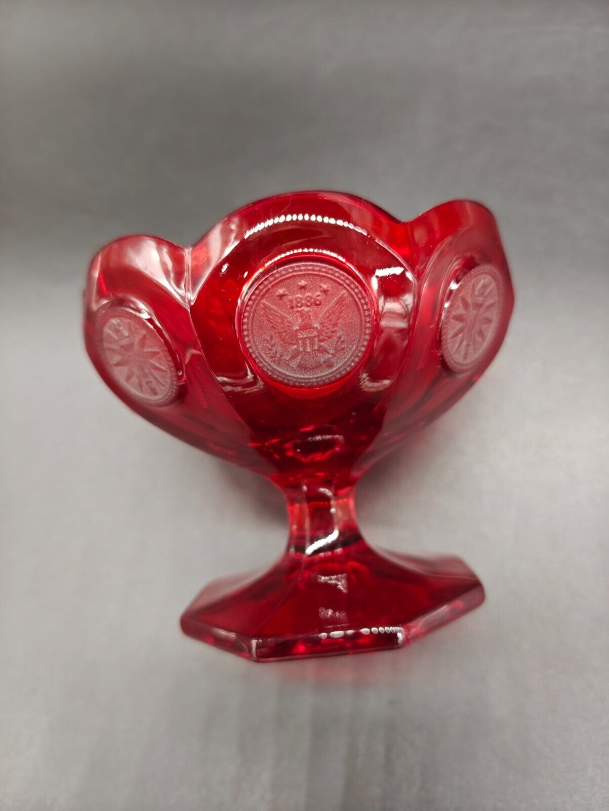 Vintage Fostoria Ruby Red Coin (Eagle/Torch) Glass Compote/Open Candy Dish