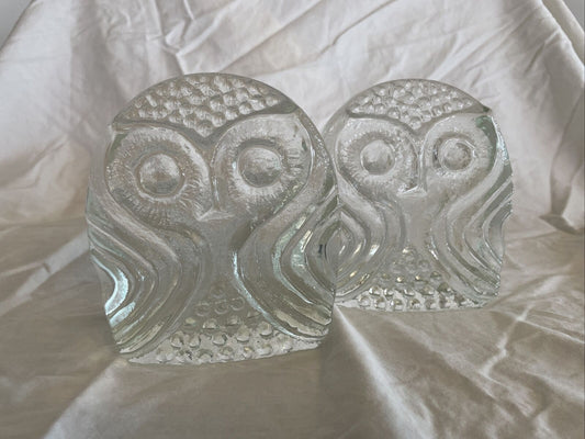 Pair of Vintage Owl Bookends Pilgrim Handblown Clear Art Glass MCM
