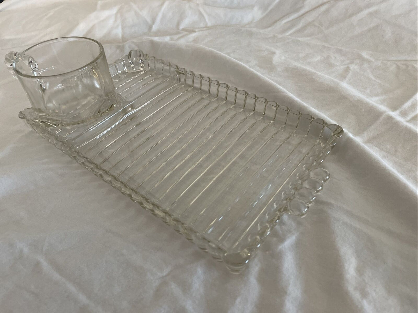 Vintage 1930s Hazel Atlas Snack, Sip & Smoke Clear Glass Tray with Cup